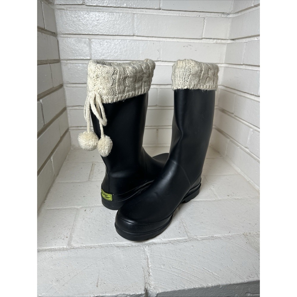 Western Chief Size 10 Black Rain Boots Y2K Disney Cozy Knit Cuff Pom Poms‎